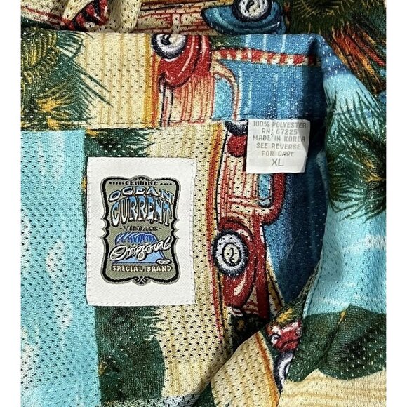 Vintage Ocean Current Hawaiian Shirt Mens XL Old Cars Palm Trees Beach Scene - Picture 8 of 8